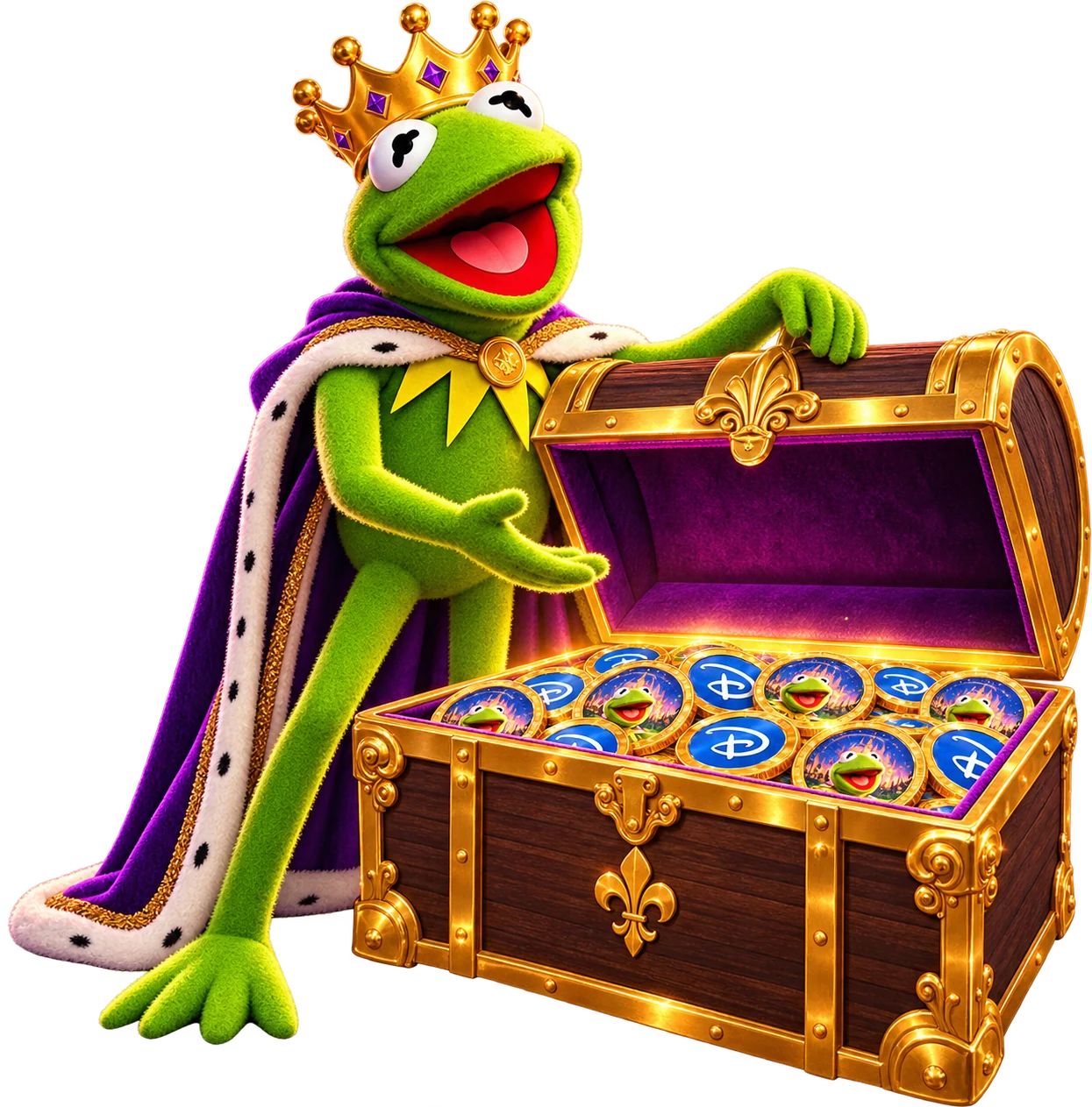 King Kermit with an open treasure chest full of Disney and BNB coins