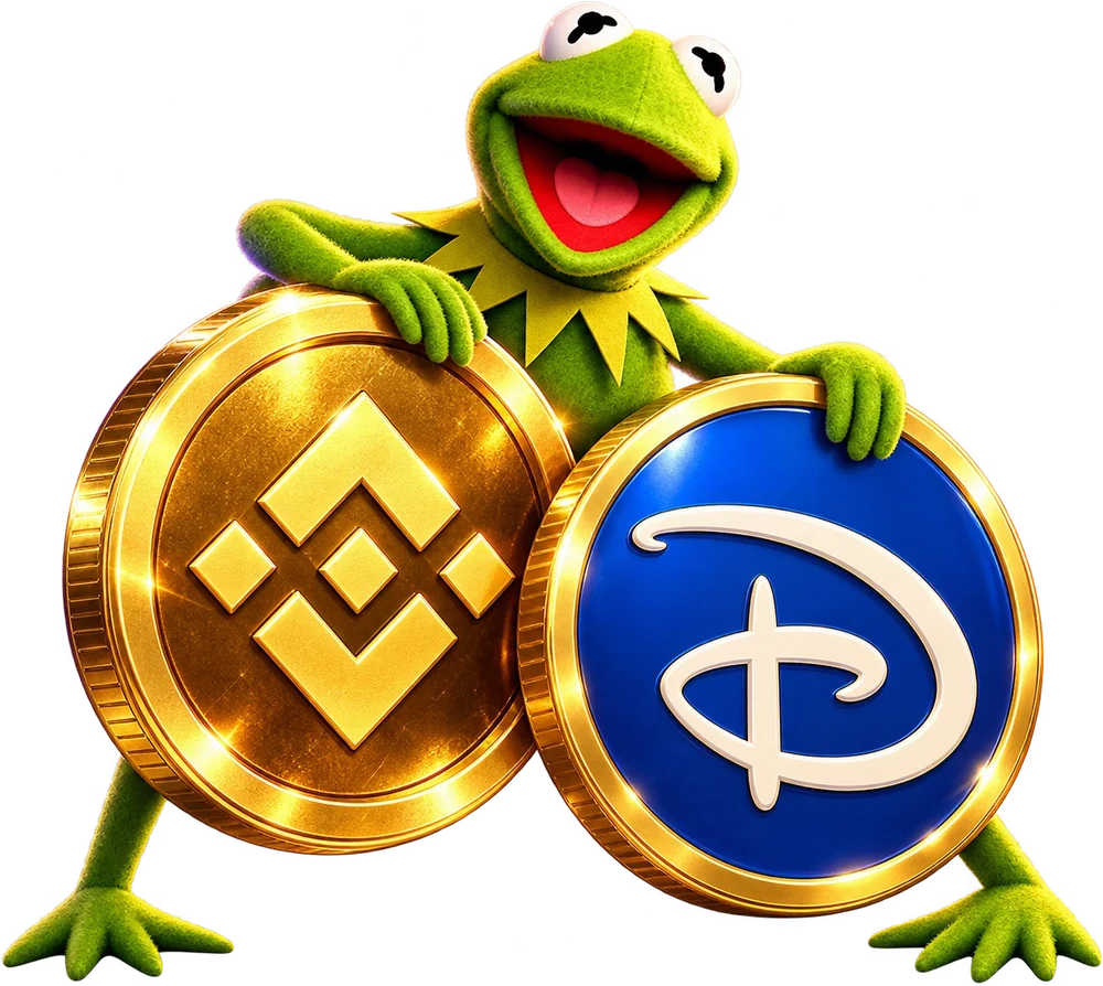 Kermit holding a Disney coin and a BNB coin